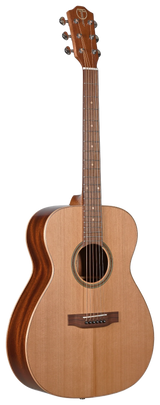 The image shows a classic acoustic guitar with a light-colored wood top and darker wood back and sides. It features six tuning pegs on the headstock, a wooden bridge, and a fretboard with dot markers. The guitar has a natural wood finish highlighting the grain and a large central sound hole, representing a well-crafted instrument with traditional design and professional-quality construction.