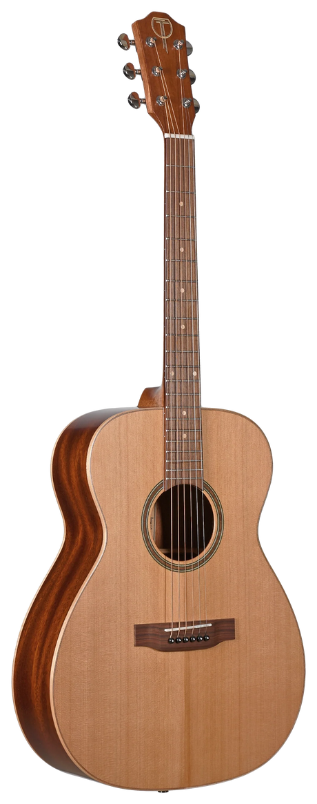 The image shows a classic acoustic guitar with a light-colored wood top and darker wood back and sides. It features six tuning pegs on the headstock, a wooden bridge, and a fretboard with dot markers. The guitar has a natural wood finish highlighting the grain and a large central sound hole, representing a well-crafted instrument with traditional design and professional-quality construction.