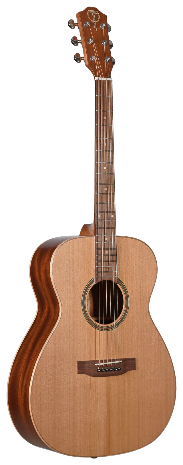 The image shows a classic acoustic guitar with a light-colored wood top and darker wood back and sides. It features six tuning pegs on the headstock, a wooden bridge, and a fretboard with dot markers. The guitar has a natural wood finish highlighting the grain and a large central sound hole, representing a well-crafted instrument with traditional design and professional-quality construction.