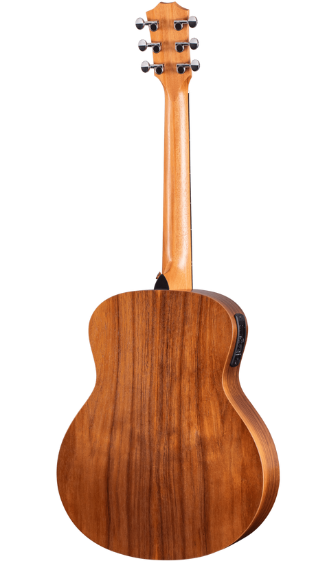 The image shows the back of an acoustic-electric guitar with a warm, golden-brown wood finish highlighting natural grain patterns. It features six dark tuning pegs on a curved headstock, classic body curves, and a black side control panel indicating built-in electronics. The craftsmanship appears smooth and high-quality, suggesting premium tonewood like mahogany or koa.