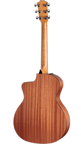 The image shows the back of an acoustic guitar with a warm-toned wood body, possibly mahogany, featuring visible grain patterns. It has a 3+3 tuning peg headstock, a long wooden neck, and a curved body with a cutaway design. The wood has a natural satin finish, with binding around the edges. This quality guitar appears suited for both acoustic and amplified play.