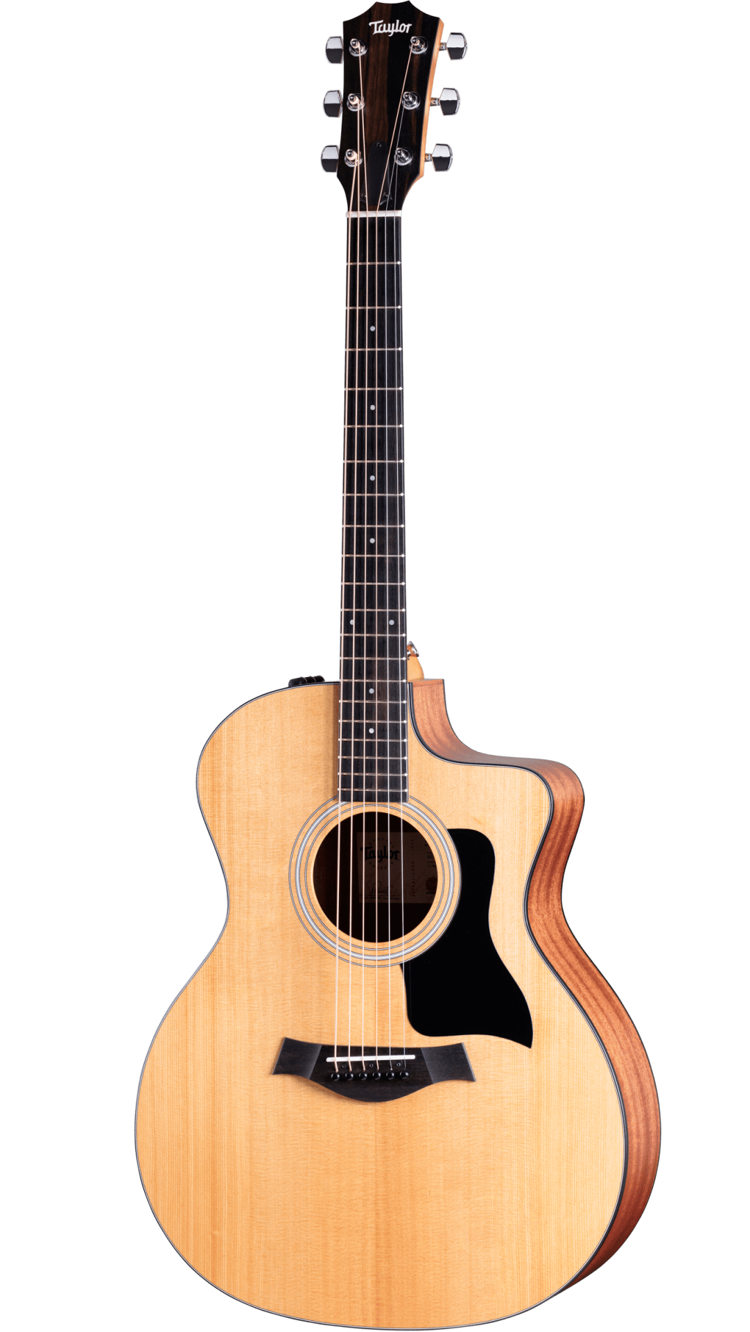 The image shows a Taylor acoustic guitar with a natural wood finish and cutaway design. It features a spruce top, darker mahogany-like back and sides, an ebony or rosewood fretboard with dot inlays, and a black pickguard. The headstock displays the Taylor logo, with chrome tuning pegs and steel strings. This model likely belongs to Taylor’s Grand Auditorium line, known for its clear tone and playability.
