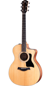 The image shows a Taylor acoustic guitar with a natural wood finish and cutaway design. It features a spruce top, darker mahogany-like back and sides, an ebony or rosewood fretboard with dot inlays, and a black pickguard. The headstock displays the Taylor logo, with chrome tuning pegs and steel strings. This model likely belongs to Taylor’s Grand Auditorium line, known for its clear tone and playability.