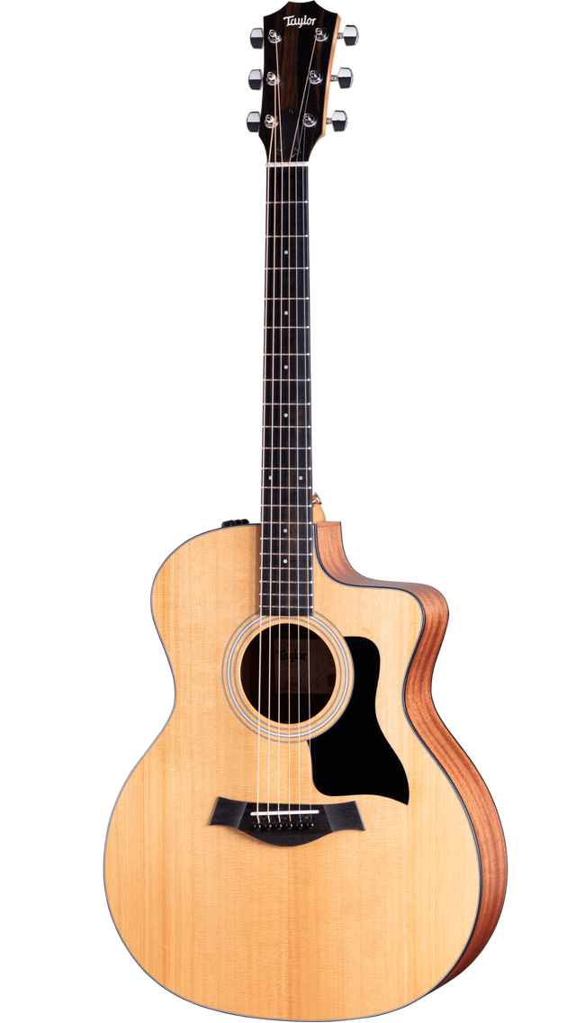 The image shows a Taylor acoustic guitar with a natural wood finish and cutaway design. It features a spruce top, darker mahogany-like back and sides, an ebony or rosewood fretboard with dot inlays, and a black pickguard. The headstock displays the Taylor logo, with chrome tuning pegs and steel strings. This model likely belongs to Taylor’s Grand Auditorium line, known for its clear tone and playability.