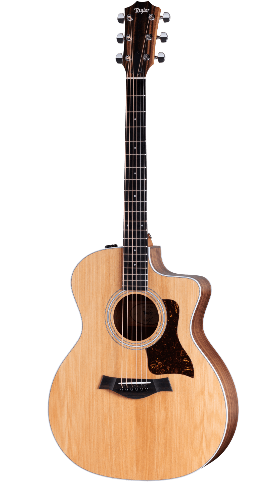The image shows a Taylor cutaway acoustic guitar with a natural light wood top and darker back and sides. It features a tortoiseshell pickguard, chrome tuning machines, an ebony fretboard with inlays, and a decorative sound hole rosette. The cutaway design allows easy access to higher frets. This high-quality guitar likely belongs to Taylor’s 200, 300, or 400 series, known for balanced tone and excellent craftsmanship.