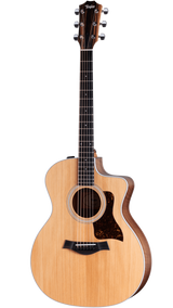 The image shows a Taylor cutaway acoustic guitar with a natural light wood top and darker back and sides. It features a tortoiseshell pickguard, chrome tuning machines, an ebony fretboard with inlays, and a decorative sound hole rosette. The cutaway design allows easy access to higher frets. This high-quality guitar likely belongs to Taylor’s 200, 300, or 400 series, known for balanced tone and excellent craftsmanship.