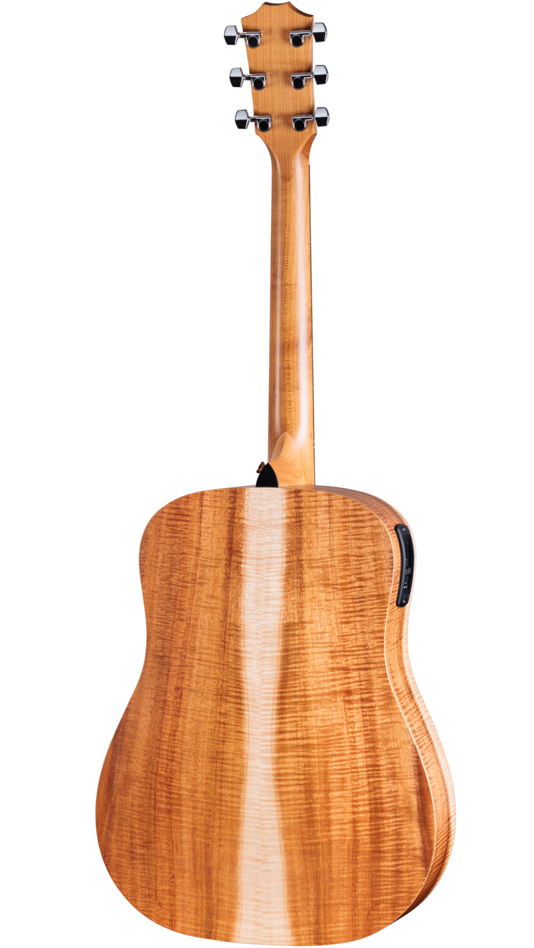 The image shows the back of a high-end acoustic-electric guitar with a rich honey-colored flame maple body and matching neck. It features a glossy finish, six chrome enclosed-gear tuning pegs on the headstock, and a black electronic pickup control panel on the side. The guitar has a classic dreadnought shape, smooth construction, and a traditional headstock design, highlighting quality craftsmanship and premium materials.