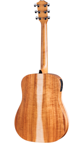 The image shows the back of a high-end acoustic-electric guitar with a rich honey-colored flame maple body and matching neck. It features a glossy finish, six chrome enclosed-gear tuning pegs on the headstock, and a black electronic pickup control panel on the side. The guitar has a classic dreadnought shape, smooth construction, and a traditional headstock design, highlighting quality craftsmanship and premium materials.