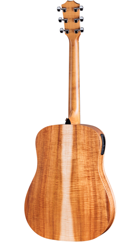 The image shows the back of a high-end acoustic-electric guitar with a rich honey-colored flame maple body and matching neck. It features a glossy finish, six chrome enclosed-gear tuning pegs on the headstock, and a black electronic pickup control panel on the side. The guitar has a classic dreadnought shape, smooth construction, and a traditional headstock design, highlighting quality craftsmanship and premium materials.