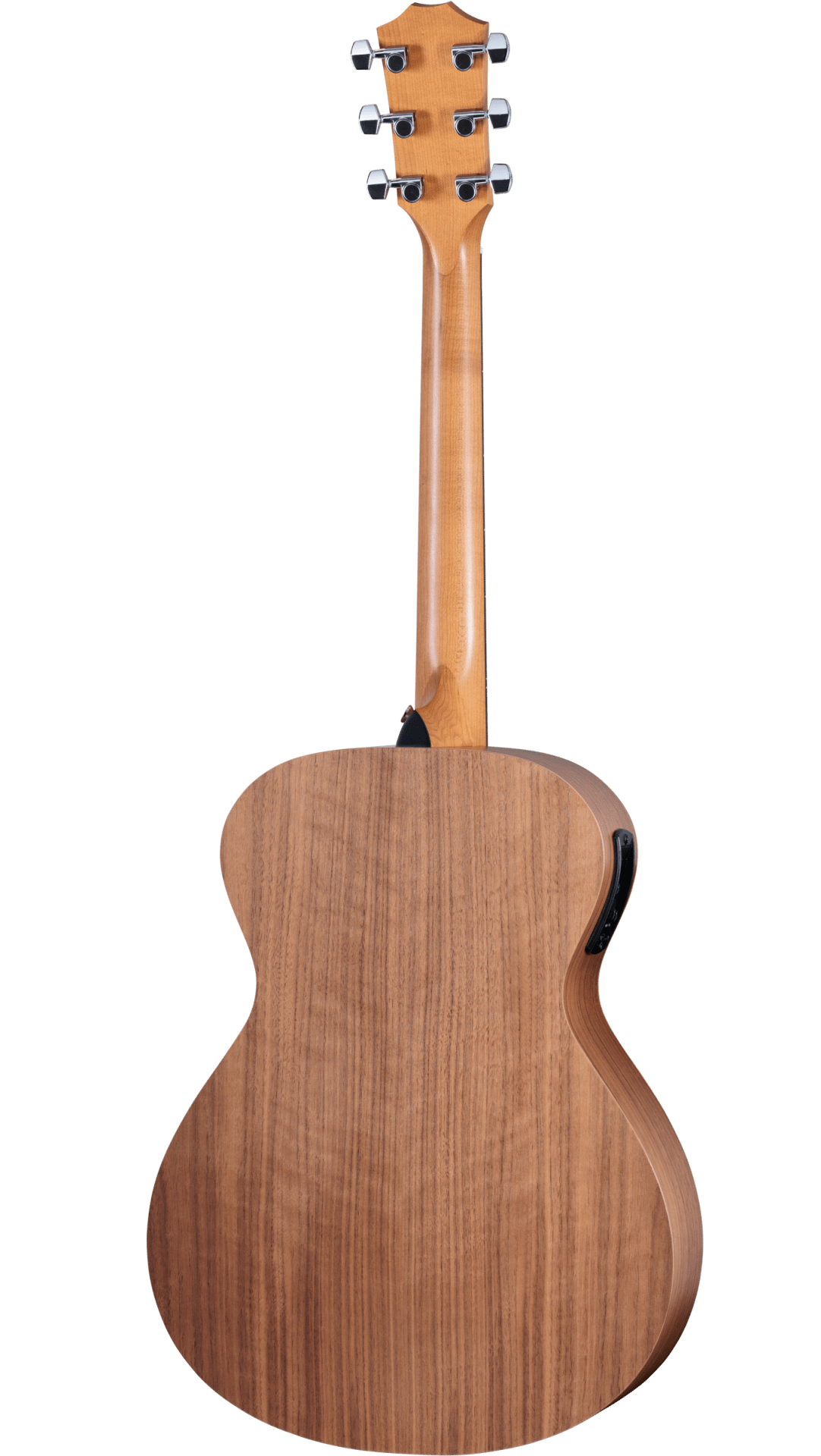 The image shows the back of a natural wood-finished acoustic guitar with visible wood grain and classic body curves. It features six chrome tuning pegs in a 3+3 headstock arrangement, a smooth polished neck, and a black strap button on the bottom. The guitar is professionally photographed against a white background, highlighting its quality craftsmanship and solid wood construction, likely mahogany or similar tonewood.