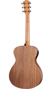 The image shows the back of a natural wood-finished acoustic guitar with visible wood grain and classic body curves. It features six chrome tuning pegs in a 3+3 headstock arrangement, a smooth polished neck, and a black strap button on the bottom. The guitar is professionally photographed against a white background, highlighting its quality craftsmanship and solid wood construction, likely mahogany or similar tonewood.