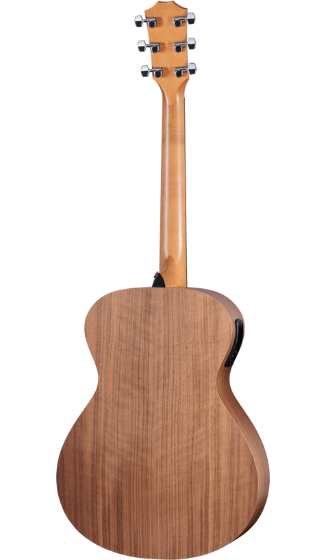 The image shows the back of a natural wood-finished acoustic guitar with visible wood grain and classic body curves. It features six chrome tuning pegs in a 3+3 headstock arrangement, a smooth polished neck, and a black strap button on the bottom. The guitar is professionally photographed against a white background, highlighting its quality craftsmanship and solid wood construction, likely mahogany or similar tonewood.