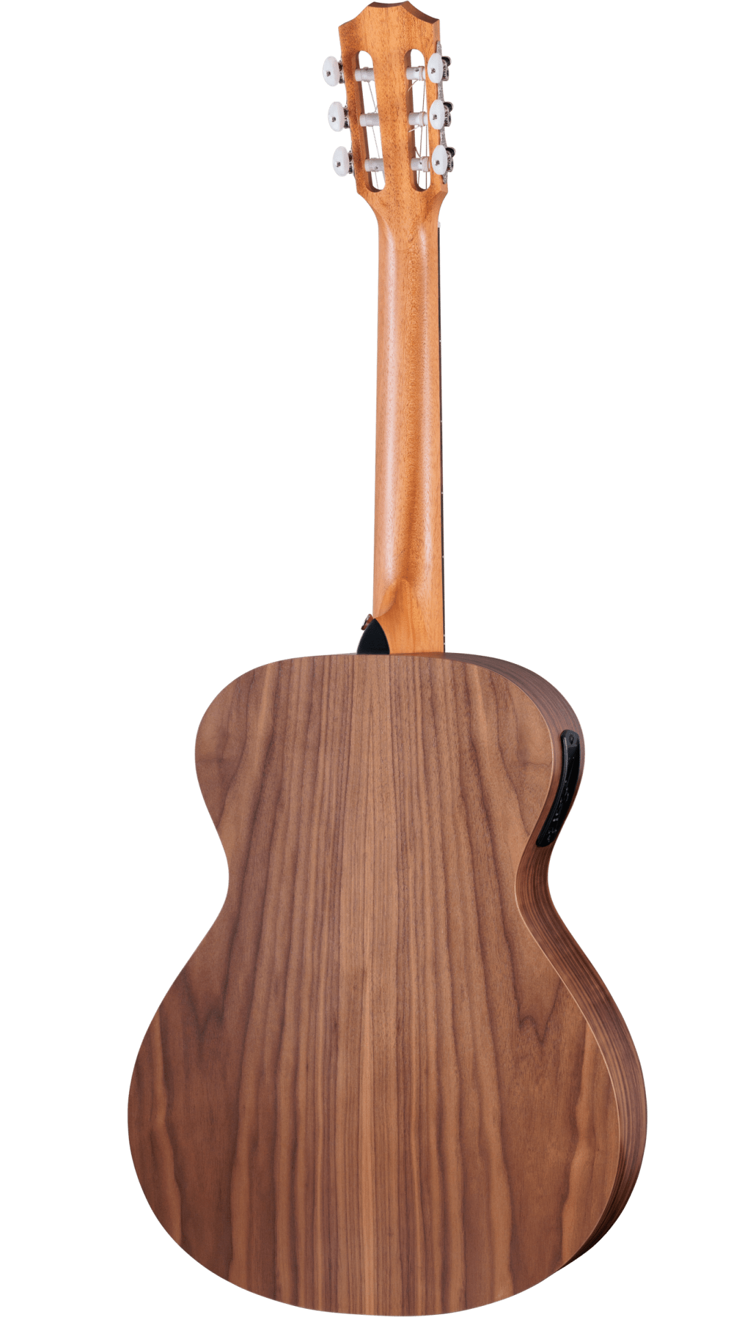 The image shows the back of a full-size acoustic-electric guitar with a walnut or similar wood body featuring distinctive grain and a lighter wood neck. It has six chrome tuning pegs on a traditional headstock and built-in electronics, including a battery compartment or control panel, for amplified play. The guitar has a polished, natural finish and a classic curved waist design, suitable for both beginners and experienced players.