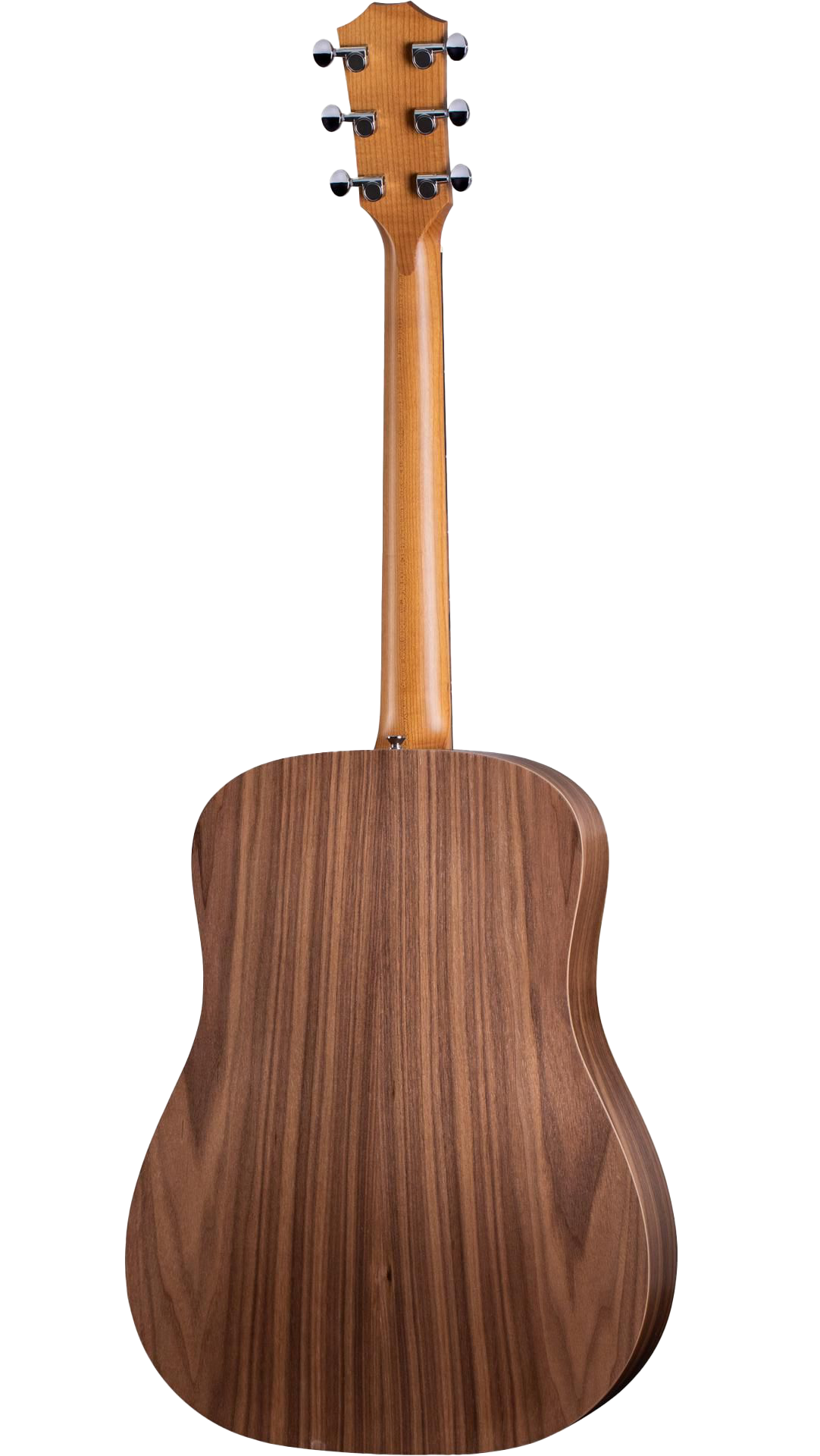 The image shows the back view of an acoustic guitar with a rich, dark wood grain body and a lighter wood neck. It features six chrome tuning pegs in a 3+3 arrangement on the headstock, a long straight neck, and a dreadnought-style body. The high-quality wood finish highlights natural grain patterns, reflecting professional craftsmanship typical of a mid to high-end instrument.