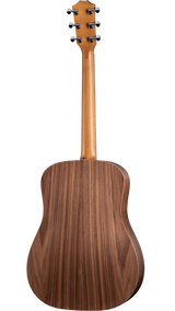 The image shows the back view of an acoustic guitar with a rich, dark wood grain body and a lighter wood neck. It features six chrome tuning pegs in a 3+3 arrangement on the headstock, a long straight neck, and a dreadnought-style body. The high-quality wood finish highlights natural grain patterns, reflecting professional craftsmanship typical of a mid to high-end instrument.