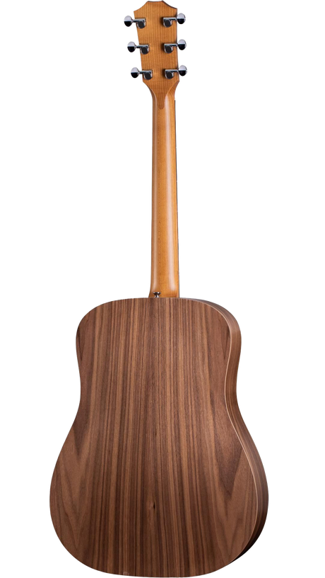 The image shows the back view of an acoustic guitar with a rich, dark wood grain body and a lighter wood neck. It features six chrome tuning pegs in a 3+3 arrangement on the headstock, a long straight neck, and a dreadnought-style body. The high-quality wood finish highlights natural grain patterns, reflecting professional craftsmanship typical of a mid to high-end instrument.