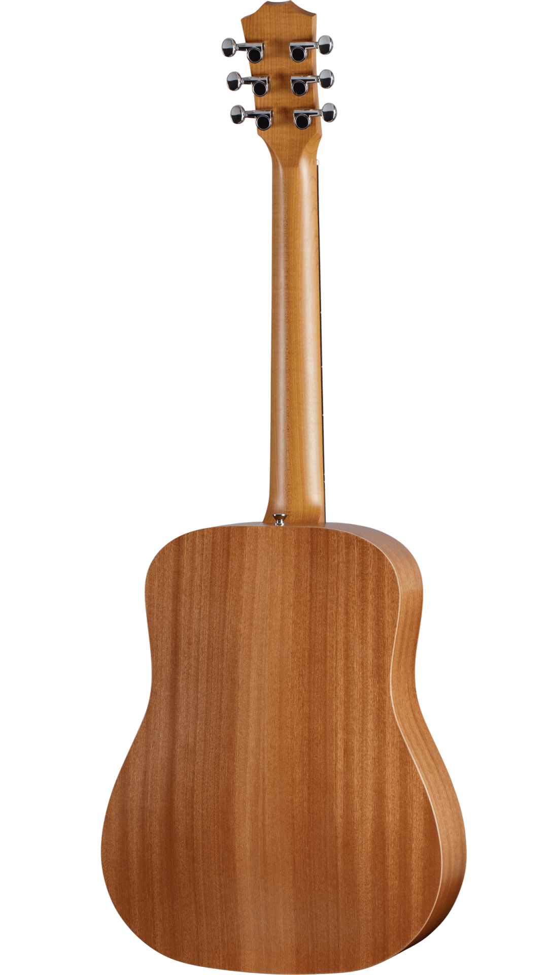 The image shows the back of a dreadnought-style acoustic guitar with a warm, honey-colored wood finish and visible grain. It features a long neck with matching wood, a traditional headstock with six chrome tuning pegs in a 3+3 layout, and subtle body binding. The back wood resembles mahogany with vertical grain. The guitar is photographed against a plain white background, highlighting its mid- to high-end craftsmanship.