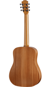 The image shows the back of a dreadnought-style acoustic guitar with a warm, honey-colored wood finish and visible grain. It features a long neck with matching wood, a traditional headstock with six chrome tuning pegs in a 3+3 layout, and subtle body binding. The back wood resembles mahogany with vertical grain. The guitar is photographed against a plain white background, highlighting its mid- to high-end craftsmanship.