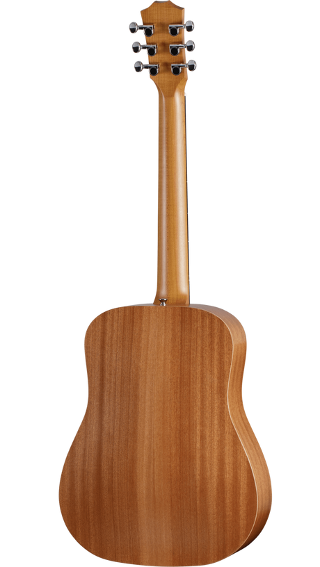 The image shows the back of a dreadnought-style acoustic guitar with a warm, honey-colored wood finish and visible grain. It features a long neck with matching wood, a traditional headstock with six chrome tuning pegs in a 3+3 layout, and subtle body binding. The back wood resembles mahogany with vertical grain. The guitar is photographed against a plain white background, highlighting its mid- to high-end craftsmanship.