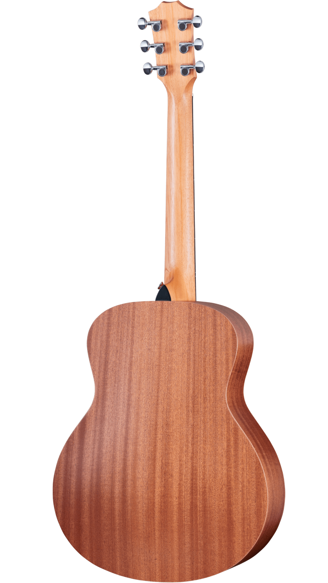 The image shows the back of a full-size acoustic guitar with a warm, reddish-brown wooden body featuring visible grain. It has a long wooden neck leading to a headstock with six dark tuning pegs arranged 3+3. A strap button is visible where the neck meets the body. The guitar has a classic dreadnought shape with a natural, clear-coated finish highlighting the wood’s texture and craftsmanship.