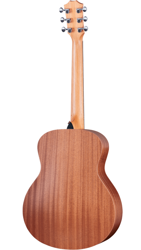 The image shows the back of a full-size acoustic guitar with a warm, reddish-brown wooden body featuring visible grain. It has a long wooden neck leading to a headstock with six dark tuning pegs arranged 3+3. A strap button is visible where the neck meets the body. The guitar has a classic dreadnought shape with a natural, clear-coated finish highlighting the wood’s texture and craftsmanship.