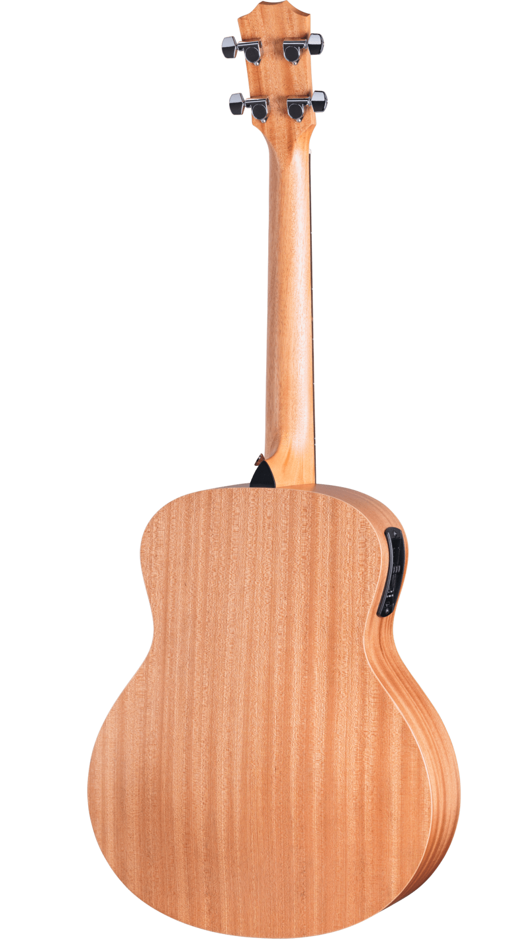 The image shows the back of a light-colored acoustic-electric string instrument with a natural wood finish and visible grain. It features a curved body, a matching wood neck, and a wooden headstock with four black tuning pegs (two per side), suggesting a tenor guitar, acoustic bass, or large ukulele. A black electronic pickup/preamp is visible on the body’s side, and the instrument has a smooth, polished finish.