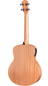 The image shows the back of a light-colored acoustic-electric string instrument with a natural wood finish and visible grain. It features a curved body, a matching wood neck, and a wooden headstock with four black tuning pegs (two per side), suggesting a tenor guitar, acoustic bass, or large ukulele. A black electronic pickup/preamp is visible on the body’s side, and the instrument has a smooth, polished finish.
