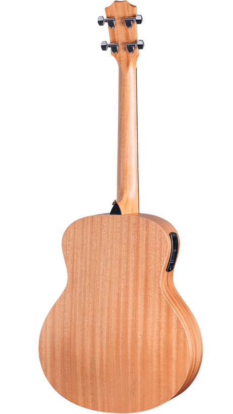 The image shows the back of a light-colored acoustic-electric string instrument with a natural wood finish and visible grain. It features a curved body, a matching wood neck, and a wooden headstock with four black tuning pegs (two per side), suggesting a tenor guitar, acoustic bass, or large ukulele. A black electronic pickup/preamp is visible on the body’s side, and the instrument has a smooth, polished finish.