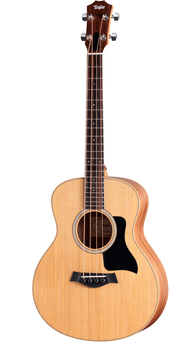 The image shows a Taylor 4-string acoustic bass guitar with a natural wood finish. It features a dark wood headstock with the Taylor logo and chrome tuners, a dark fingerboard with dot markers, a round sound hole with a decorative rosette, a black pickguard, and a dark wood bridge likely with an integrated pickup. This high-quality instrument is known for its warm, mellow tone ideal for unplugged and recording use.