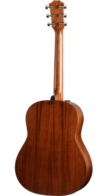 The image shows the back of an acoustic-electric guitar with a rich, warm wood finish and visible grain. It features six chrome tuning pegs in a 3+3 layout, a classic curved body with lighter edge binding, and a small control panel on the side. The smooth, polished surface and high-quality wood suggest a mid to high-end, well-crafted instrument designed for both acoustic and amplified play.