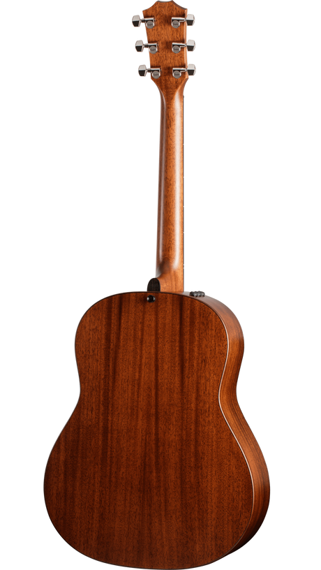 The image shows the back of an acoustic-electric guitar with a rich, warm wood finish and visible grain. It features six chrome tuning pegs in a 3+3 layout, a classic curved body with lighter edge binding, and a small control panel on the side. The smooth, polished surface and high-quality wood suggest a mid to high-end, well-crafted instrument designed for both acoustic and amplified play.