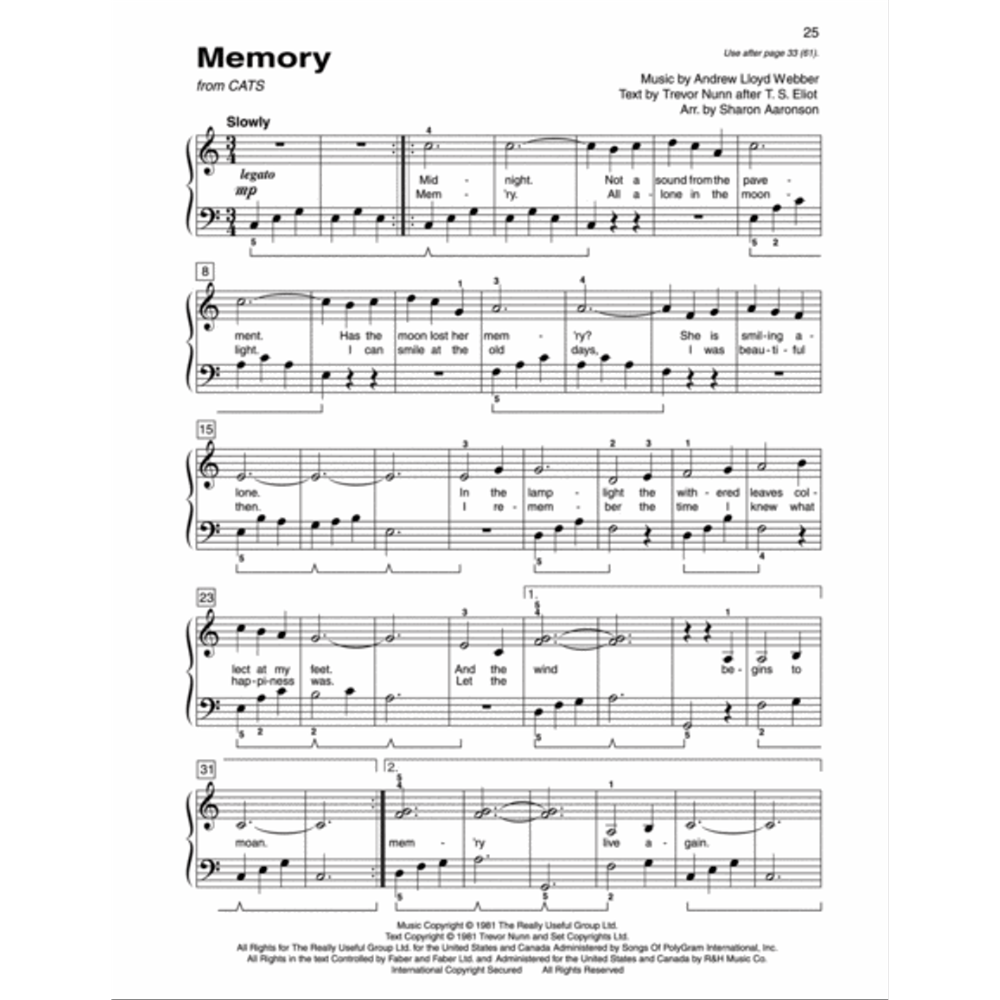 The image shows page 25 of the piano/vocal sheet music for "Memory" from the musical CATS. It includes the title, credits to Andrew Lloyd Webber, Trevor Nunn, and Sharon Aaronson, with markings for tempo ("Slowly"), 4/4 time, key of B♭ major, dynamics (mp), and legato style. The score features vocal melody with lyrics and piano accompaniment, presented in a clean, professional publication.