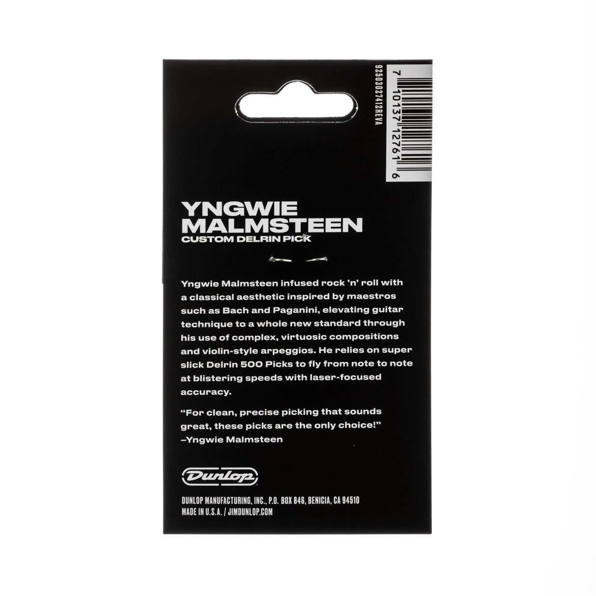 Yngwie Malmsteen guitar pick packaging with text and Dunlop branding.