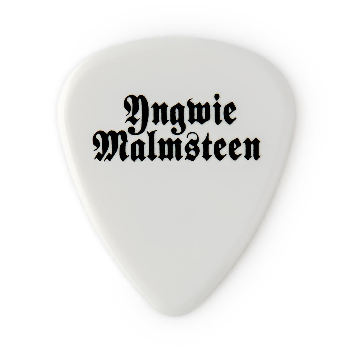 White guitar pick with 'Yngwie Malmsteen' text on a white background