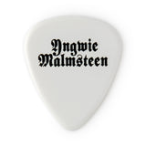 White guitar pick with 'Yngwie Malmsteen' text on a white background