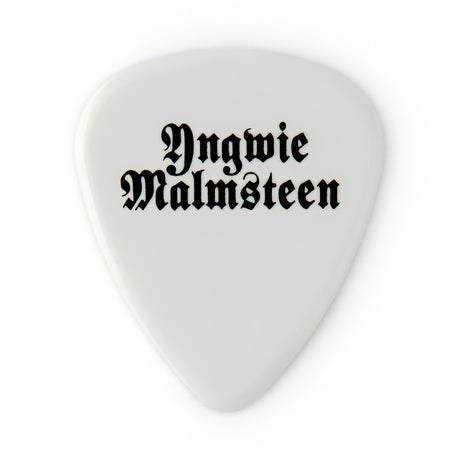 White guitar pick with 'Yngwie Malmsteen' text on a white background