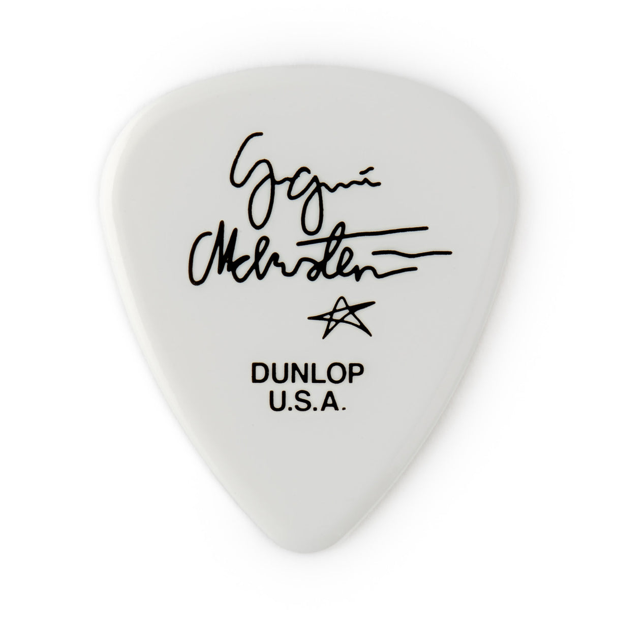 White guitar pick with black Yngwie Malmsteen signature and Dunlop branding on a white background