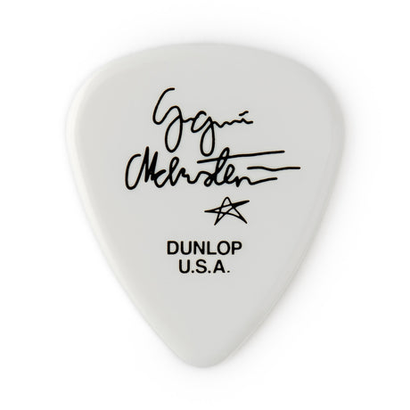 White guitar pick with black Yngwie Malmsteen signature and Dunlop branding on a white background