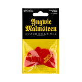 Pack of Dunlop Yngwie Malmsteen custom delrin guitar picks with red picks inside a yellow and black package.