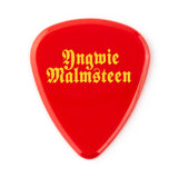 Red guitar pick with 'Yngwie Malmsteen' text on a white background