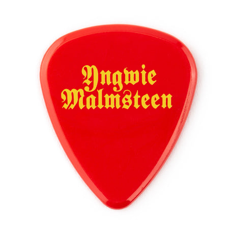 Red guitar pick with 'Yngwie Malmsteen' text on a white background