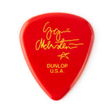 Red guitar pick with yellow Yngwie Malmsteen signature on a white background
