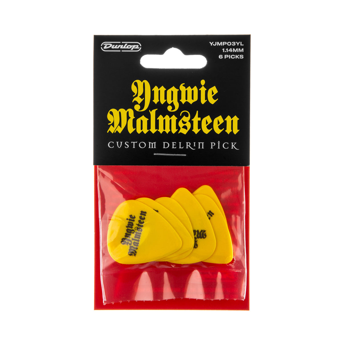 Pack of Yngwie Malmsteen guitar picks with Dunlop branding on a black and red background.