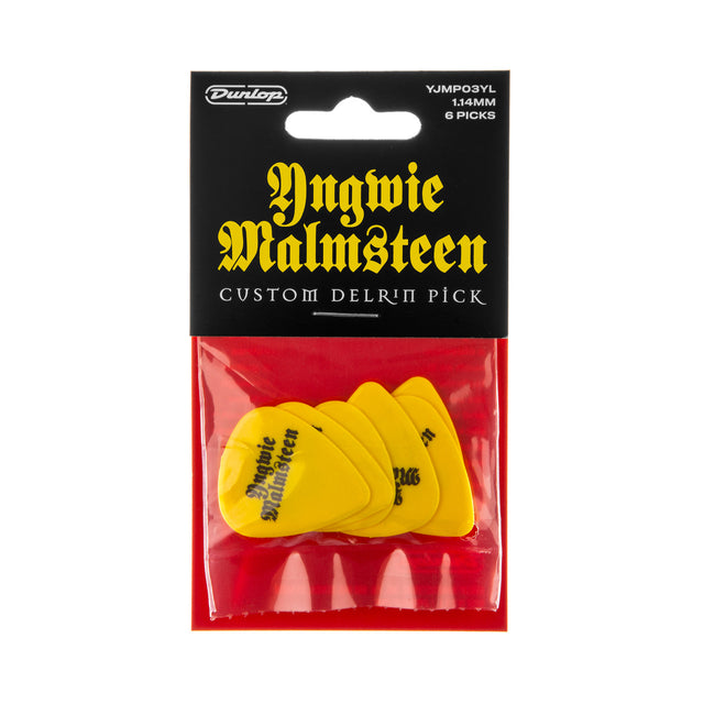 Pack of Yngwie Malmsteen guitar picks with Dunlop branding on a black and red background.