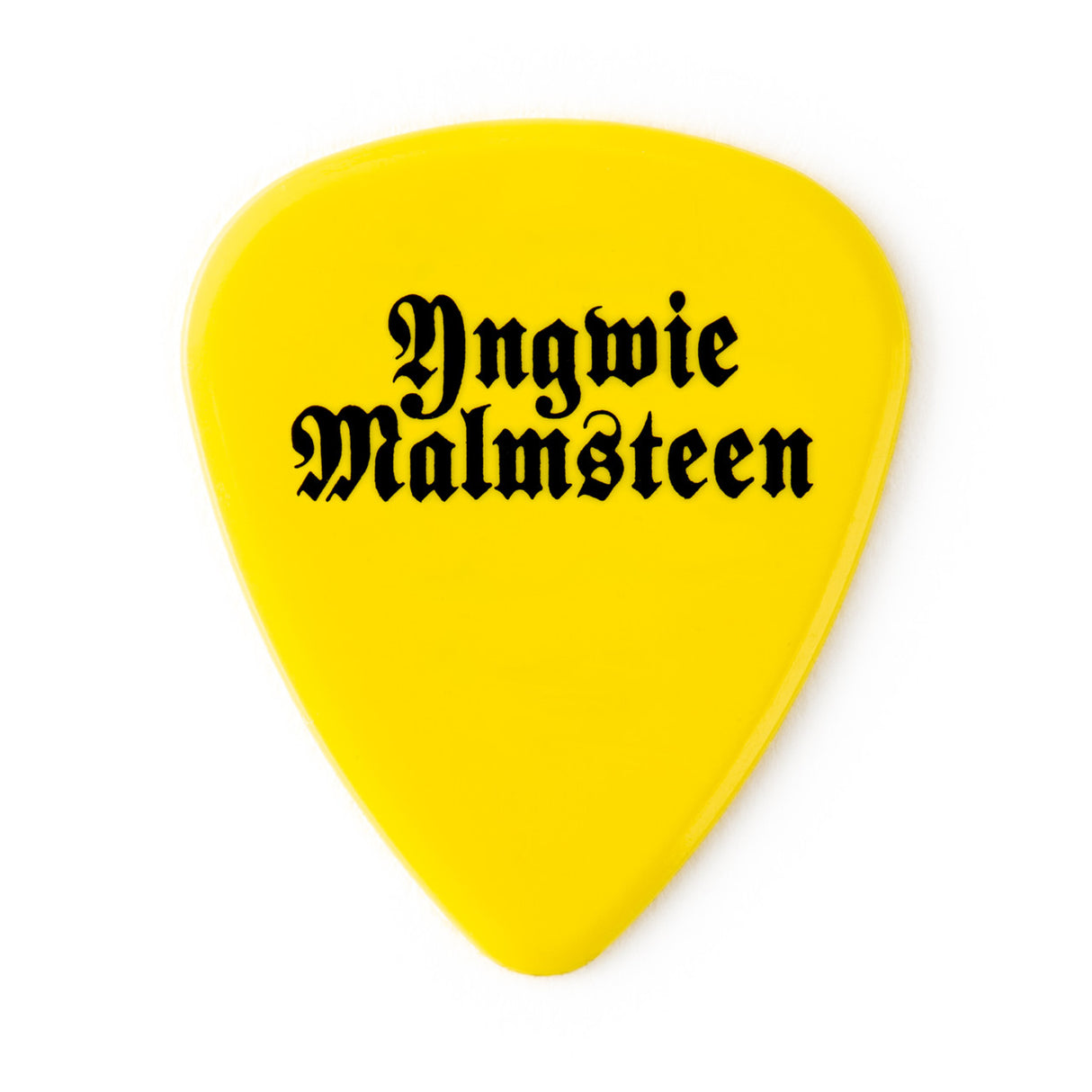 Yellow guitar pick with 'Yngwie Malmsteen' text on a white background