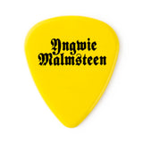 Yellow guitar pick with 'Yngwie Malmsteen' text on a white background