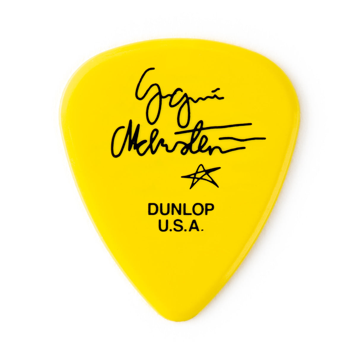 Yellow guitar pick with black Yngwie Malmsteen signature on a white background