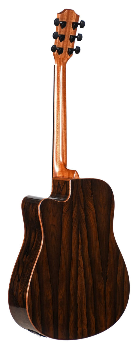 The image shows the back of a cutaway acoustic guitar with a large dreadnought-style body. It features dark wood back and sides with noticeable grain, a lighter wood neck, and a smooth finish with binding. Six black sealed tuning pegs are visible on the headstock. The quality materials and design suggest it is a well-crafted instrument suitable for intermediate to professional players.