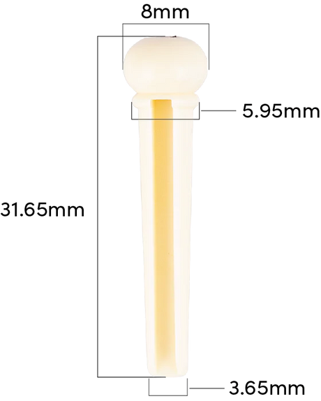 The image shows a tuning peg (machine head) for stringed instruments, likely made of light-colored plastic or bone. It features a rounded 8mm diameter head, a tapered shaft 31.65mm long, with diameter decreasing from 5.95mm near the head to 3.65mm at the bottom. Used on guitars and similar instruments, it fits into the headstock to wind strings and adjust tension for tuning.