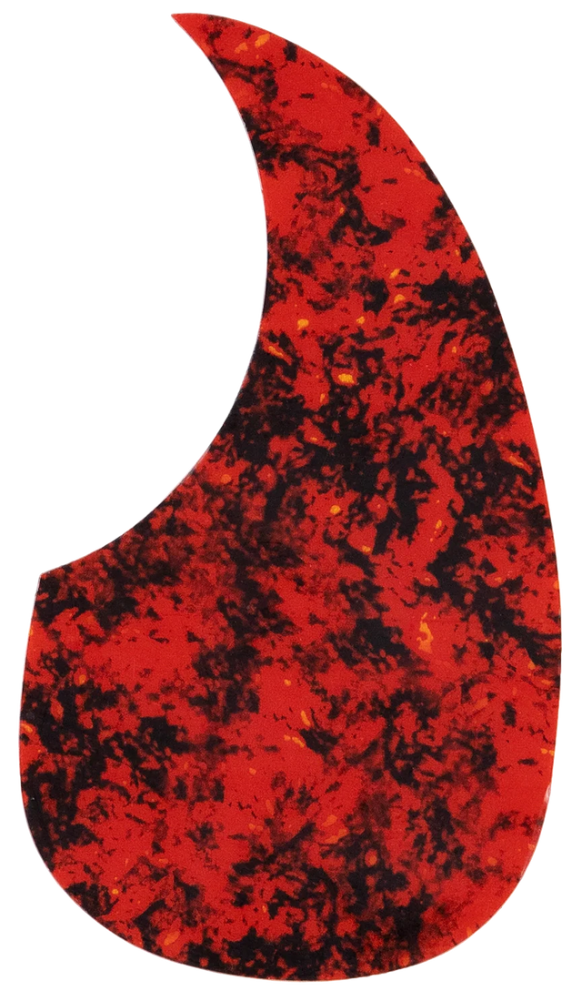 The image shows a teardrop-shaped guitar pickguard with a vibrant red and black marbled pattern, featuring orange and amber accents. Common on acoustic and some electric guitars, this decorative pickguard protects the guitar's top from scratches while enhancing its visual appeal. Its bold colors make it a striking accessory that combines function and style.
